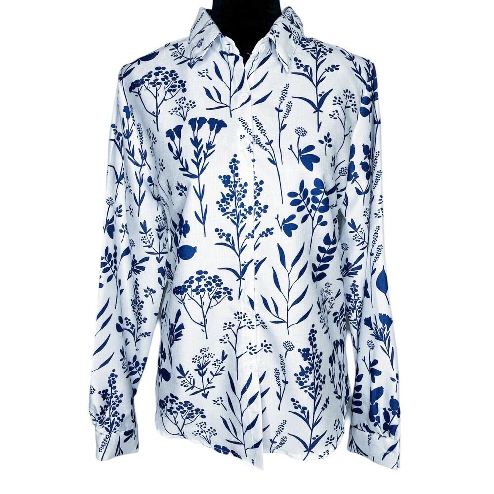 NEW SHEIN White and Blue Floral Print Button Down Dress Shirt Size Medium